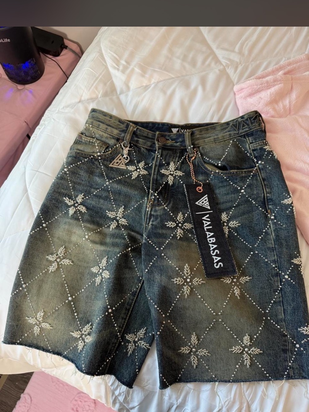 Valabasas Men Embellished Rhinestone Dark Wash Denim Shorts - Blue